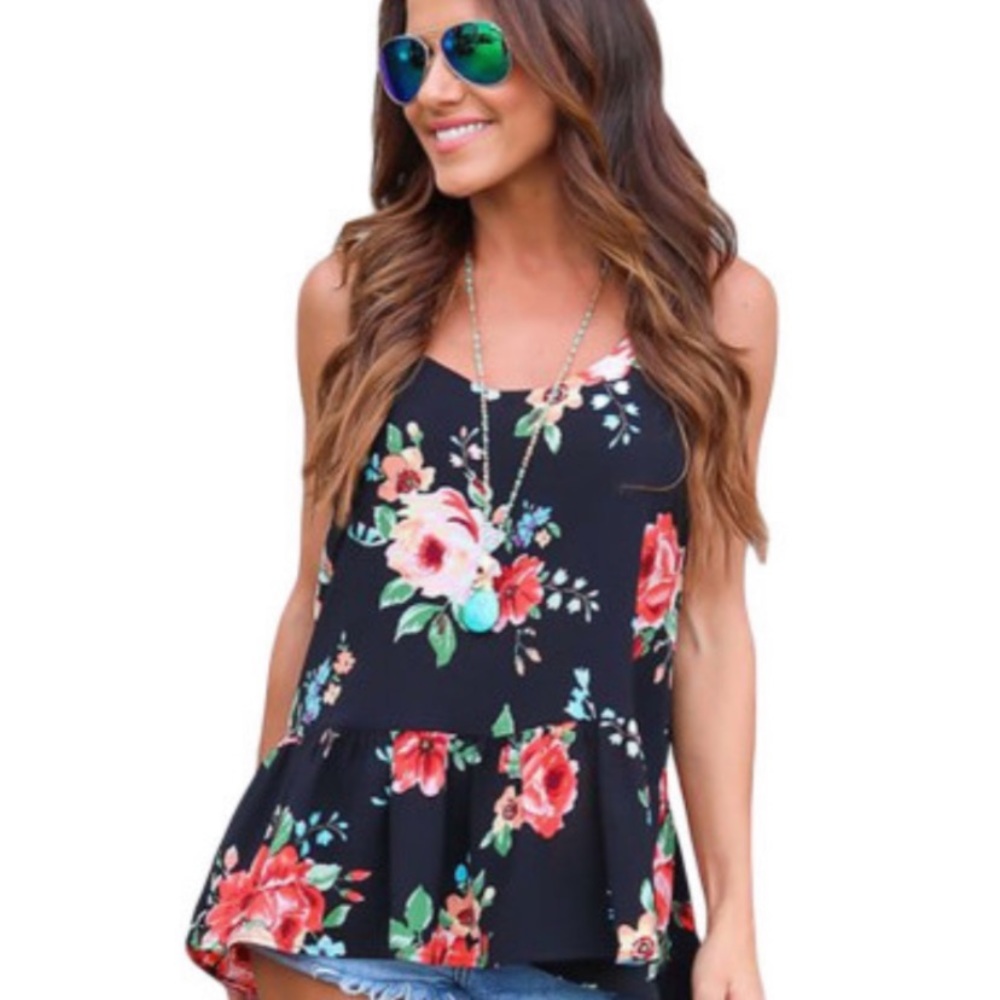 New Navy Floral Flounced Razorback Tank Top - Picture 2 of 5